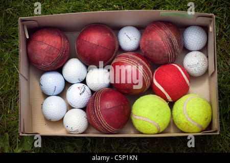 Box of sporting balls,red cricket ball on green grass,red cricket ball on green grass,CRICKET, BALL, RED, SEAM, OLD, WORN,golf Stock Photo