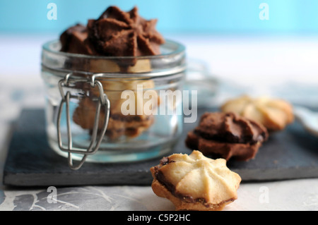 Chocolate and Vanilla Biscotti filled with chocolate cream Stock Photo