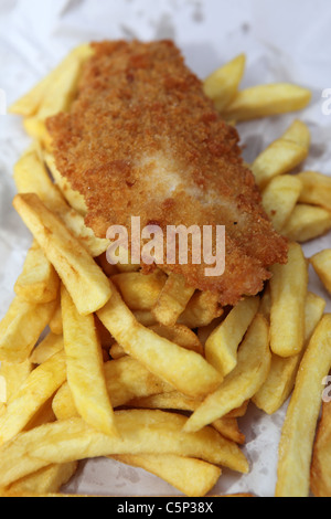 Bread crumbed Fish and chips. Stock Photo