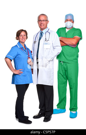 Photo of a medical team, doctor, nurse and surgeon, isolated on a white background. Stock Photo