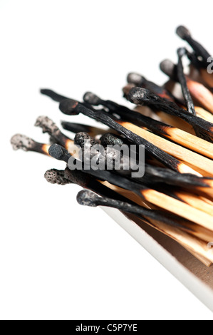 burned matches in a box, isolated on white background Stock Photo