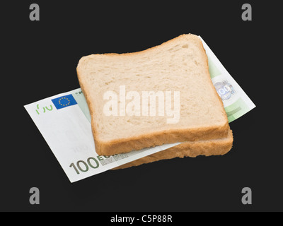 eine 100 Euro Banknote liegt zwischen zwei Scheiben Toastbrot | one 100 Euro Banknote inside two slices of toast Stock Photo