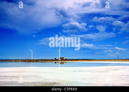 Wind turbines at the edge of brine lake, Crimea, Ukraine Stock Photo