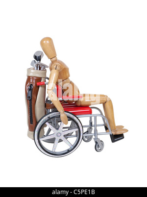 Riding in a wheelchair with a set of golf clubs in a golf bag - path included Stock Photo