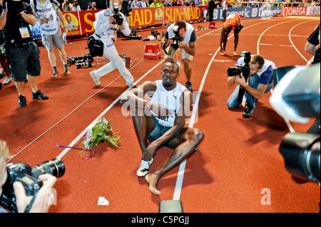 Stockholm 2011 07 29 DN-galan Diamond League - Usain Bolt, the worlds fastest man, wins the 200 meter race Stock Photo