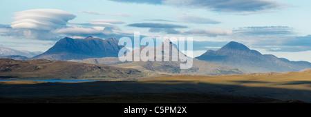 Inverpolly. (L to R) Cul Mor, Stac Pollaidh, Cul Beag. Viewed from near Achnahaird, Ross and Cromarty, Highland, Scotland, UK. Stock Photo
