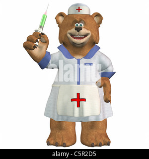 Illustration of a female bear nurse holding a syringe isolated on a white background Stock Photo