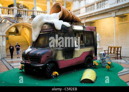Banksy installation, torched ice cream van with riot policeman on ...