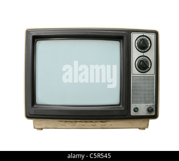 Beat up grungy old TV set isolated on white.