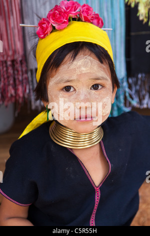 Padaung of the Karen hill tribe are also known as “long-necks” because of the heavy brass rings they wear around their necks. Stock Photo
