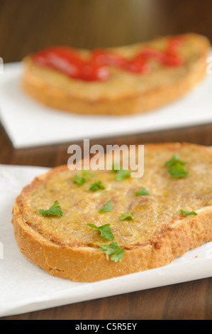 Princesa s kajma (also known as Strandzhanka) is a traditional bulgarian baked slice of bread with minced meat Stock Photo