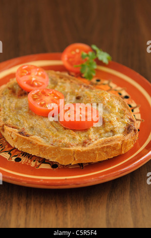 Princesa s kajma (also known as Strandzhanka) is a traditional bulgarian baked slice of bread with minced meat Stock Photo