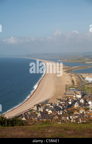 Looking down over Chesil Beach and Portland sailing venue being constructed for the Olympics at Portland, Weymouth Dorset, UK in October Stock Photo