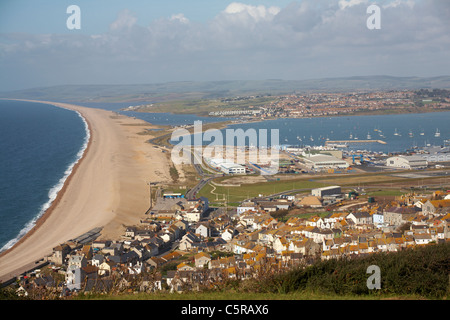 Looking down over Chesil Beach and Portland sailing venue being constructed for the Olympics at Portland, Weymouth Dorset, UK in October Stock Photo