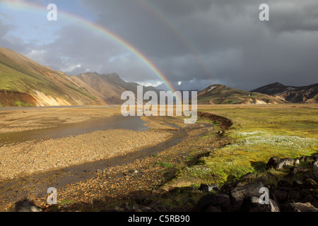 Double Rainbow over the Barmur Rhyolite Mountains and the River Jokulgilskvisl at Landmannalaugar Iceland Stock Photo