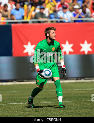 Manchester United goalkeeper, David De Gea, prepares to distribute the ball vs the Chicago Fire, at Soldier Field July 23, 2011 Stock Photo