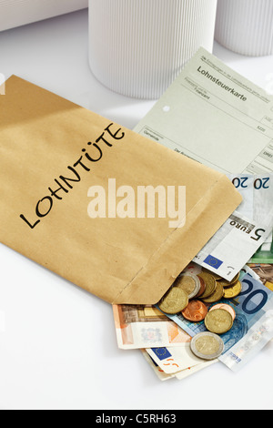 Tax card, Euro coins and Euro bank notes in wage packet, elevated view Stock Photo