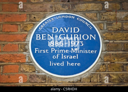 greater london council blue plaque marking a home of david ben-gurion, first prime minister of israel, in london, england