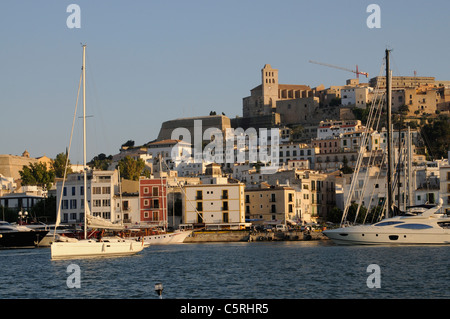 Eivissa Ibiza old town & Cathedral seen from the harbour & marina in evening light Stock Photo