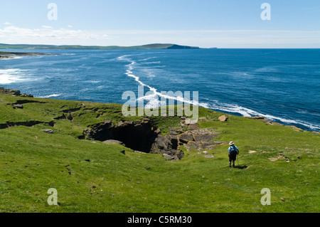 dh Scottish coast Geo hiker ROUSAY ISLAND ORKNEY ISLES Rousay tourist look at seacliff scotland people coastal erosion sea Stock Photo