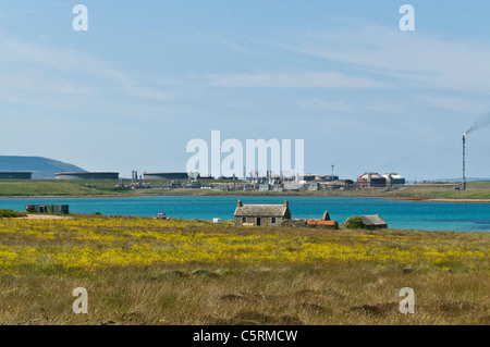 dh Flotta Oil Terminal FLOTTA ORKNEY Cottage croft and oil tanks scotland islands fuel storage Stock Photo
