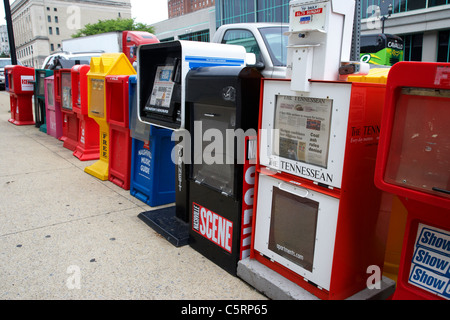 row of newspaper vending machines boxes on street in Nashville Tennessee USA Stock Photo