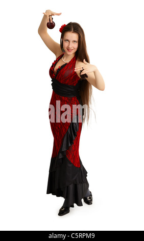 A young woman performs Spanish dance isolated on white background Stock Photo