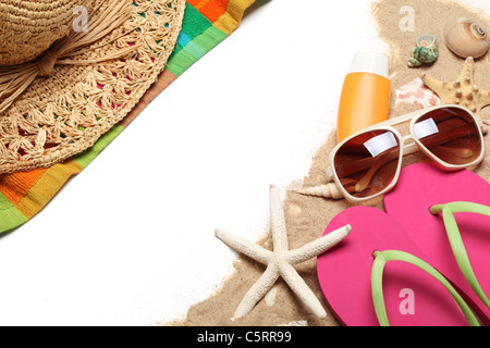 Beach items on white background.Copy space for your text. Stock Photo
