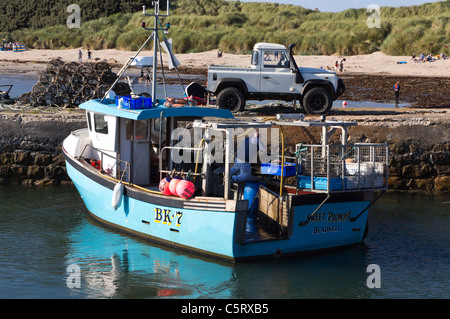 Returning with mackerel catch in the evening - small fishing boat at Beadnell Harbour, Northumberland, in summer Stock Photo