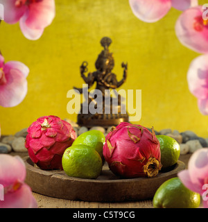 Dragon fruits and guava fruits on tray Stock Photo