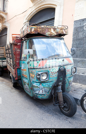 Tradionally decorated Piaggio Ape mini van in Catania Sicily Stock Photo