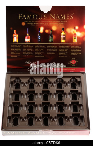 Opened empty box of Famous Names The Signature Collection dark chocolates filled with classic spirits and liqueurs. Stock Photo