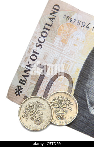 Scottish Ten Pound Note With A Two Pound Coins With Scottish Thistle Design On The Coins Stock Photo