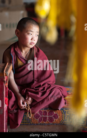 Young boy Tibetan Buddhist monk at Dulan Monastery, Ulan, Qinghai Province, China Stock Photo