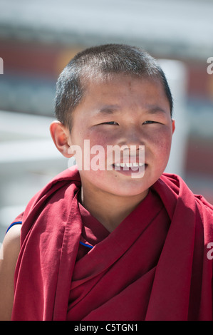 Young boy is Tibetan Buddhist monk at Dulan Monastery, Ulan, Qinghai Province, China Stock Photo