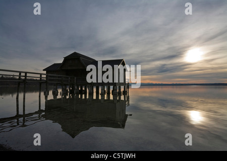 Germany, Bavaria, Inning, Lake Ammersee, Boathouse, Sunset light