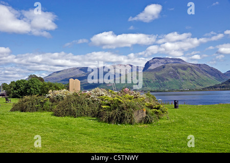 Colourful summer view of Scotland's highest mountain Ben Nevis from the Caledonian Canal basin at Corpach near Fort William Highland Scotland Stock Photo