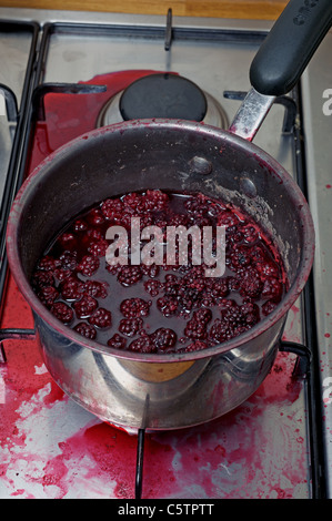 Blackberries which have boiled over on gas hob Stock Photo