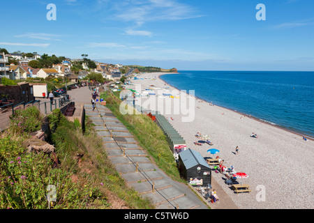 Pebble beach and bathing huts at Budleigh Salterton beach Devon England UK GB Europe Stock Photo