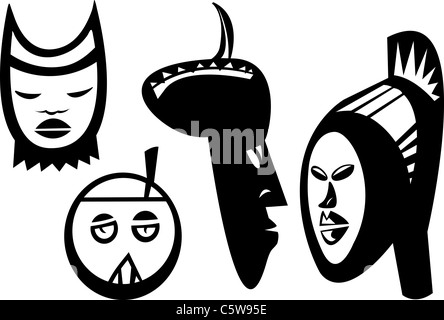 Four African masks and statues inspired from Bwa, Bolo and Bateba cultures of Sudan Stock Photo