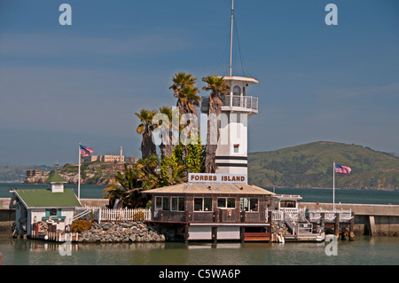 Forbes Island (Alcatraz Island in background), off Pier 39, San Francisco, California Stock Photo