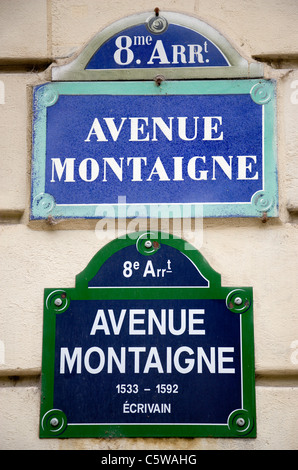 France, Paris, road sign, Avenue Montaigne, close up Stock Photo