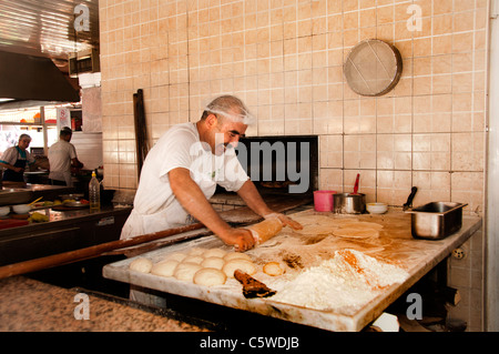 Alanya Turkey Turkish Baker Bakery Souq Bazaar Souk Bread oven fire Pancake pancakes bread Stock Photo