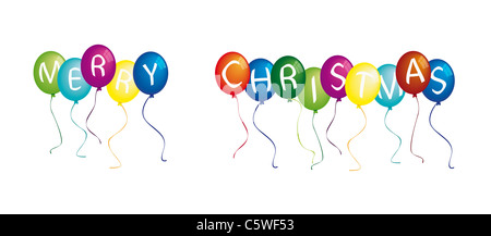 Merry christmas on colourful balloons against white background Stock Photo