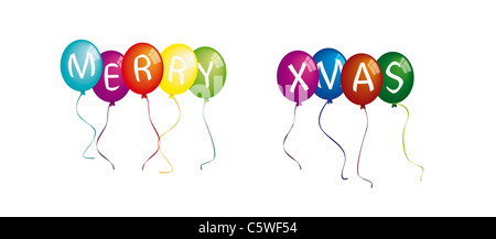 Merry xmas on colourful balloons against white background Stock Photo