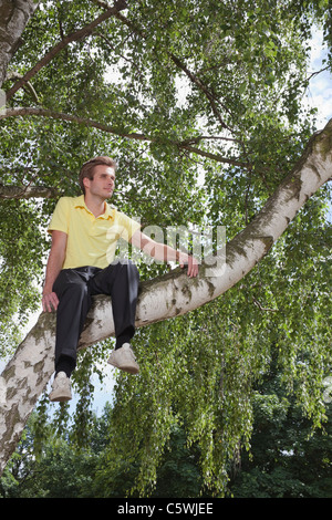 Germany, Berlin, Man sitting on tree and looking away Stock Photo