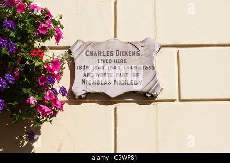 A sign commemorating Charles Dickens' time at The Royal Albion Hotel in Broadstairs, Kent Stock Photo