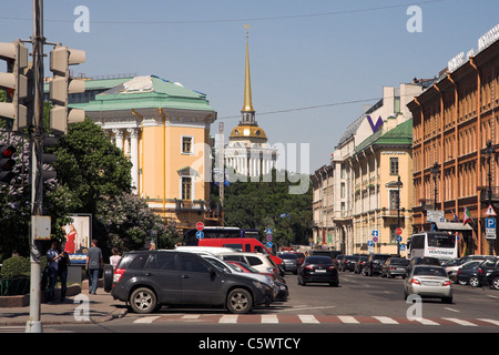 The Admiralty Building, former headquarters Admiralty Board and Imperial Russian Navy, down Voznesensky Avenue, St Petersburg, Russia Stock Photo