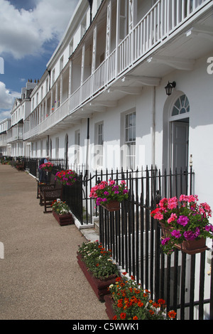 The elegant white Regency architecture of Fortfield Terrace in Sidmouth, Devon, England, UK Stock Photo