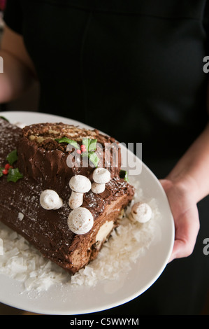 Woman holding Buche de Noel cake Stock Photo